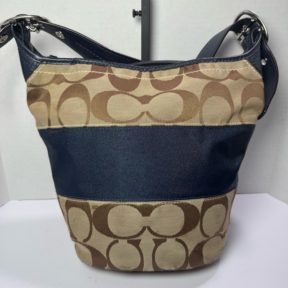 COACH Signature Rugby Duffel Bucket Tote Crossbody Bag Khaki & Navy Jacquard